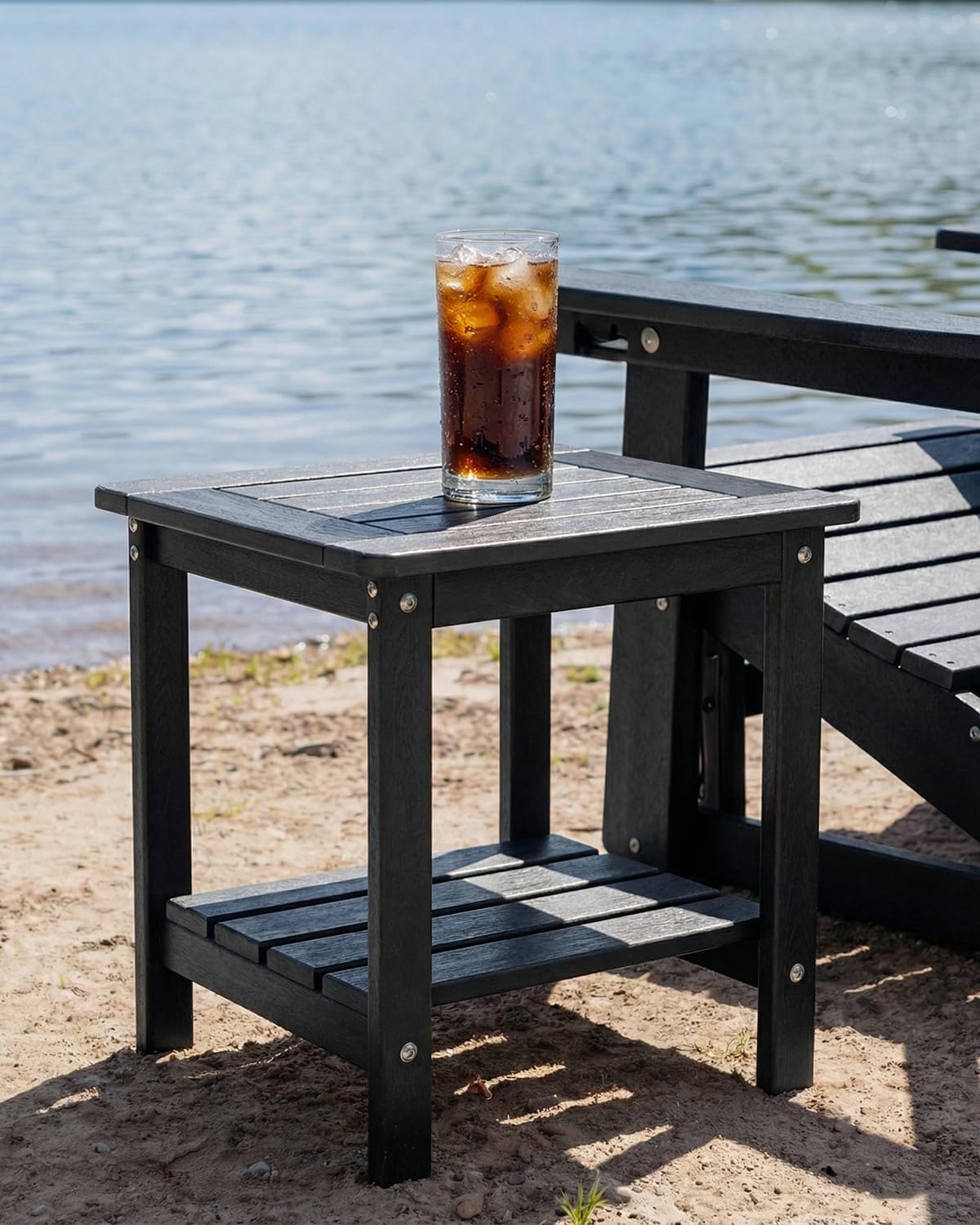 Outdoor Side Table, 2-Tier HDPE Small Patio Table, Black