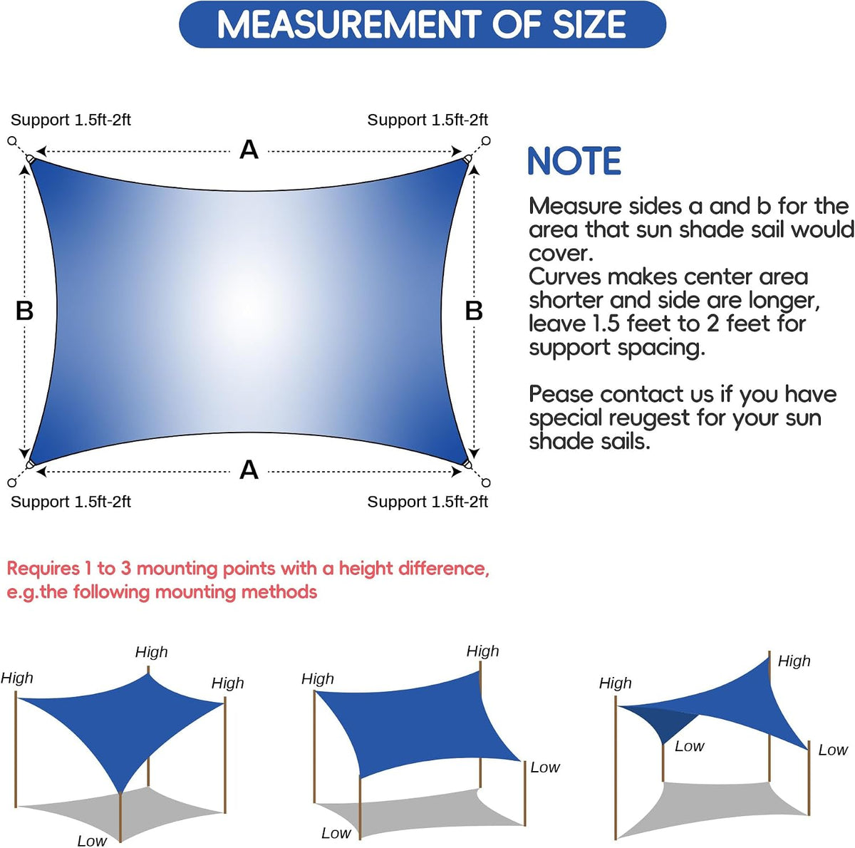Bynbbur Sun Shade Sail 16'x20' Rectangle Shade Cloth for Garden, Permeable Shade Canopy Outdoor Patio Covers for Pergola Backyard Deck Outside Activity, Blue