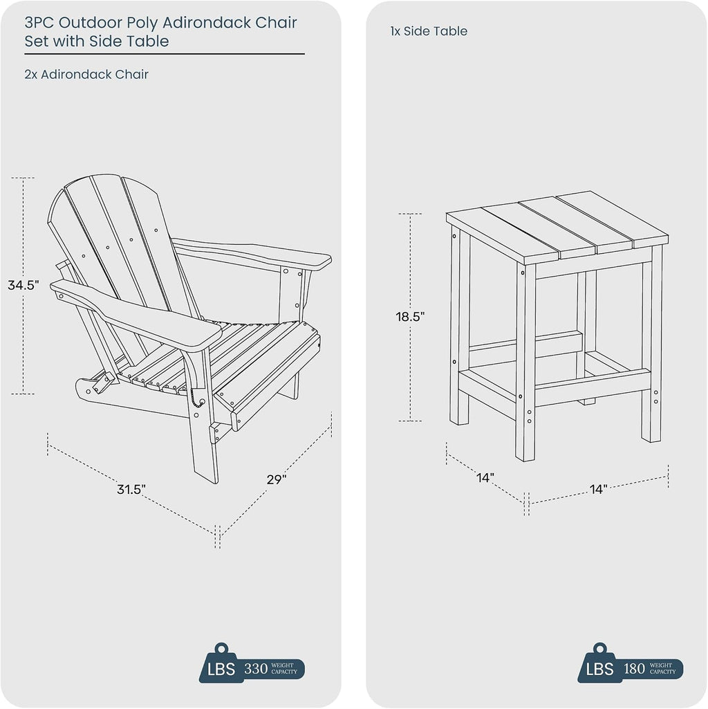 HDPE Laguna 3PC Outdoor Poly Adirondack Chair Set with Side Table, Red
