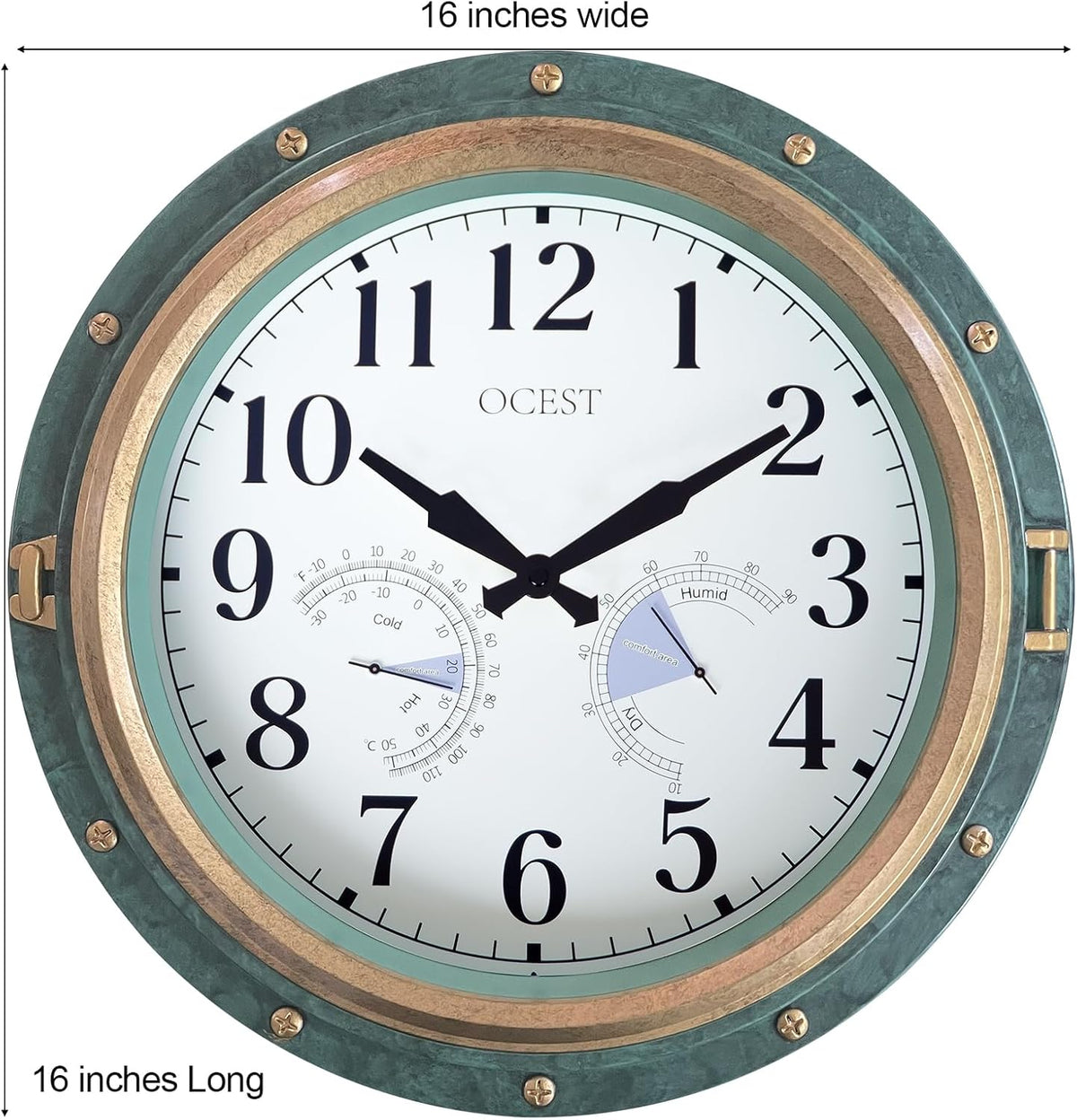 OCEST 16 Inch Waterproof Outdoor Wall Clock, Thermometer Hygrometer