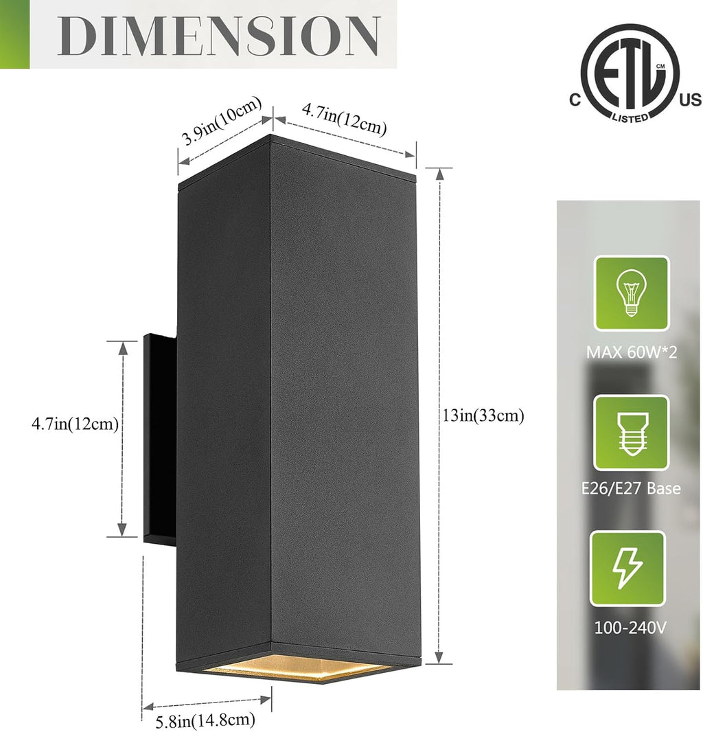 harriet Porch Lights Outdoor Modern - IP64 Waterproof Aluminum and Tempered Glass Cover, 13" Rectangular Up/Down Wall Sconce for Porch, Garage & Patio, Exterior Lighting, Black, 2 Pack