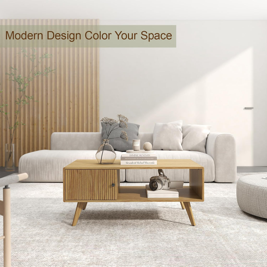 Manora Mid Century Modern Coffee Table with Storage, Natural Wood Finish