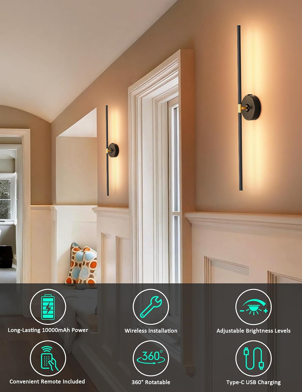 Wall Sconces Battery Operated Set of 2, 10000mAh Rechargeable Wall Lights