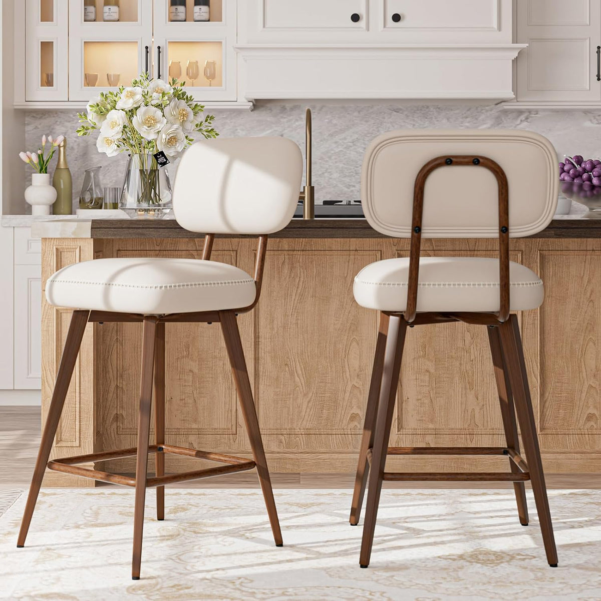 MALOL 26“ PU Leather Swivel Bar Stools Set of 3, Beige