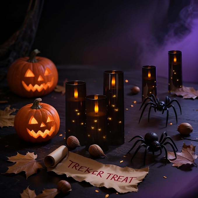 Raycare Flameless Candle with Remote Timer – 9 Flickering Acrylic Battery Operated LED Pillar Candles with Embedded Star String for Halloween, Home Decor, and as a Gift (Black) (9 Pcs)