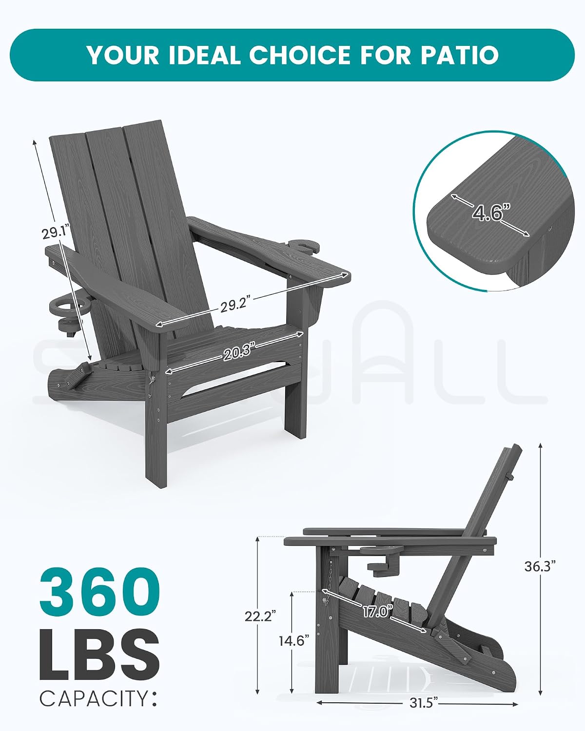 SERWALL HDPE Modern Folding Adirondack Chair with Dual Cup Holder, Gray