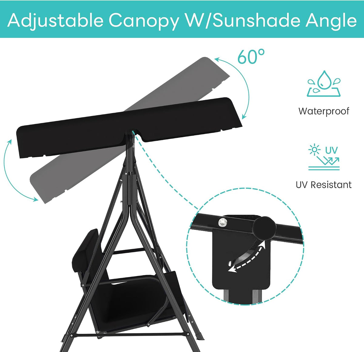 murago 3-seat patio swing chair, outdoor porch swing, close-up detail