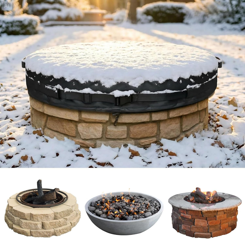 51-74.8" Round Fire Pit Cover Heavy Duty 600D Oxford Waterproof Outdoor Firepit Cover with Adjustable Buckle Strap for In-Ground Built-In Stone/Gas Fire Pits (BLACK, 51")