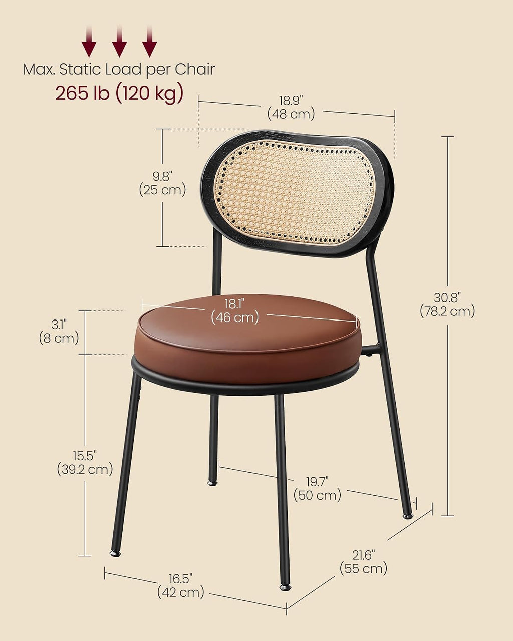 VASAGLE Dining Chairs, Set of 2, PE Rattan Back, Synthetic Leather