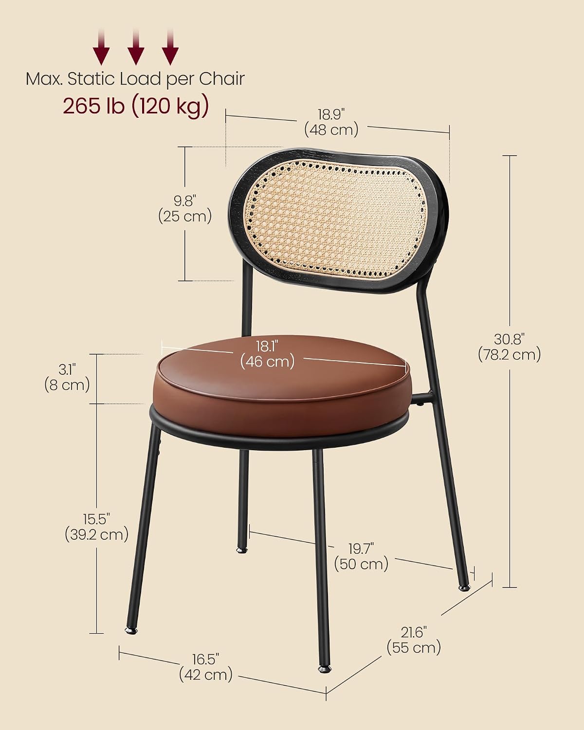 VASAGLE Dining Chairs, Set of 2, PE Rattan Back, Synthetic Leather