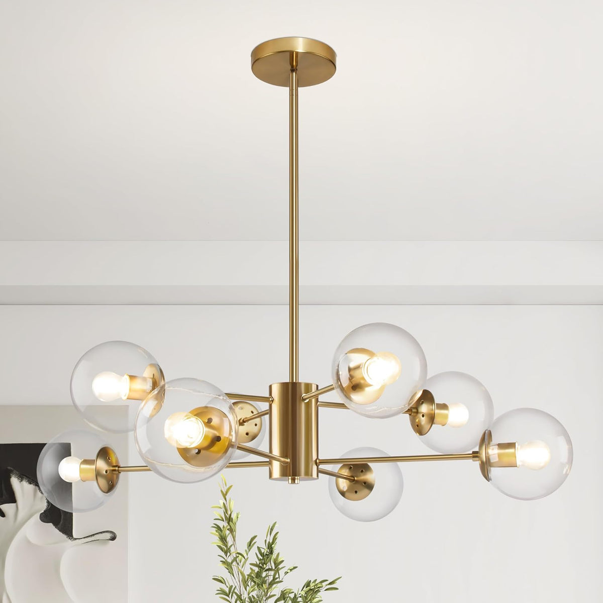 Bagood 8-Light Globe Sputnik Chandelier Modern Gold Sputnik Chandelier Mid Century Globe Pendant Light Brushed Brass Finished with Clear Glass Lampshade Chandeliers for Kitchen Bedroom
