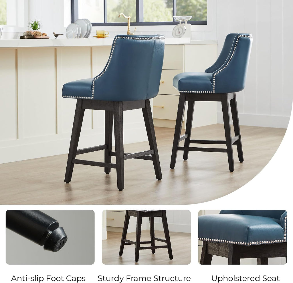 CHITA 26" Counter Height Swivel Bar Stools, Blue Faux Leather, 3-Pack