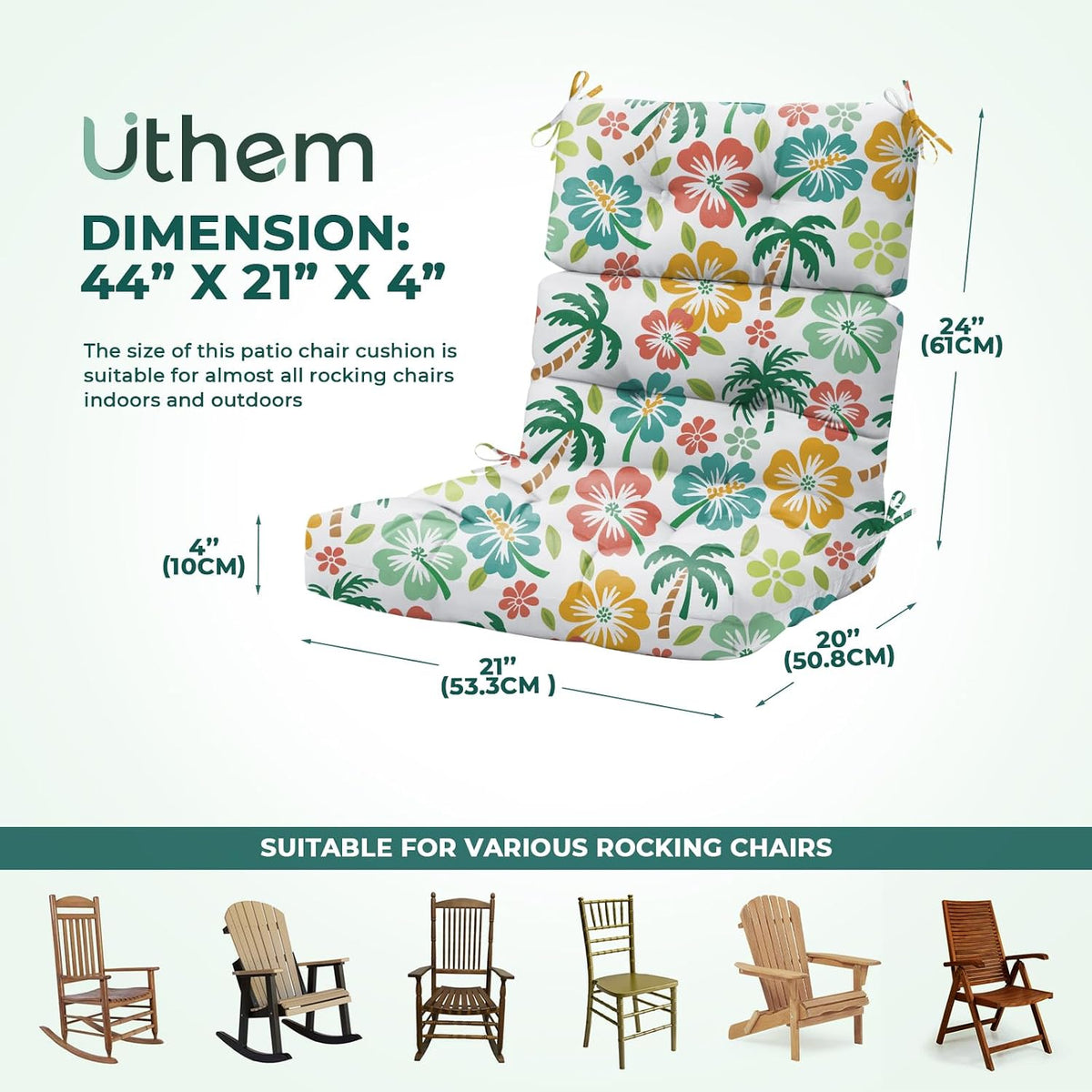 2 Pack Rocking Chair Cushion, Waterproof Chairs Cushions for Adirondack Chairs Patio Chair High Back Thicked Cushions Outdoor and Indoor with Ties, Green Coconut Tree