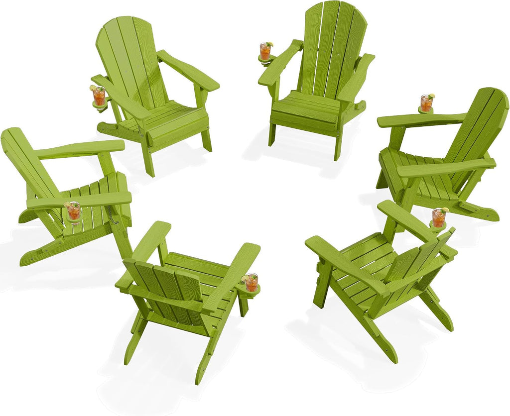 PLUUV Adirondack Chair Set of 6, Firepit Chair with Cup Holder, Light Green