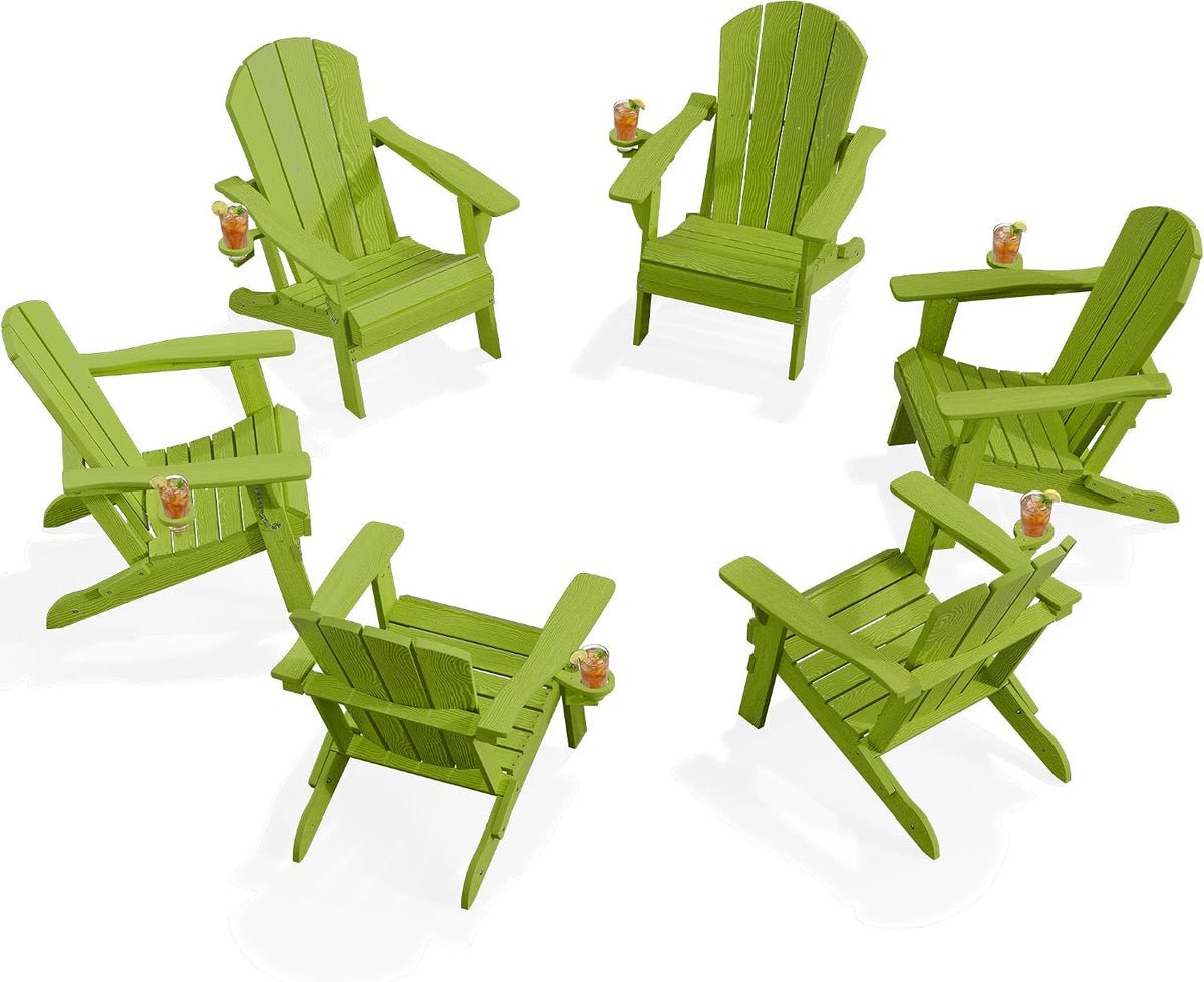 PLUUV Adirondack Chair Set of 6, Firepit Chair with Cup Holder, Light Green