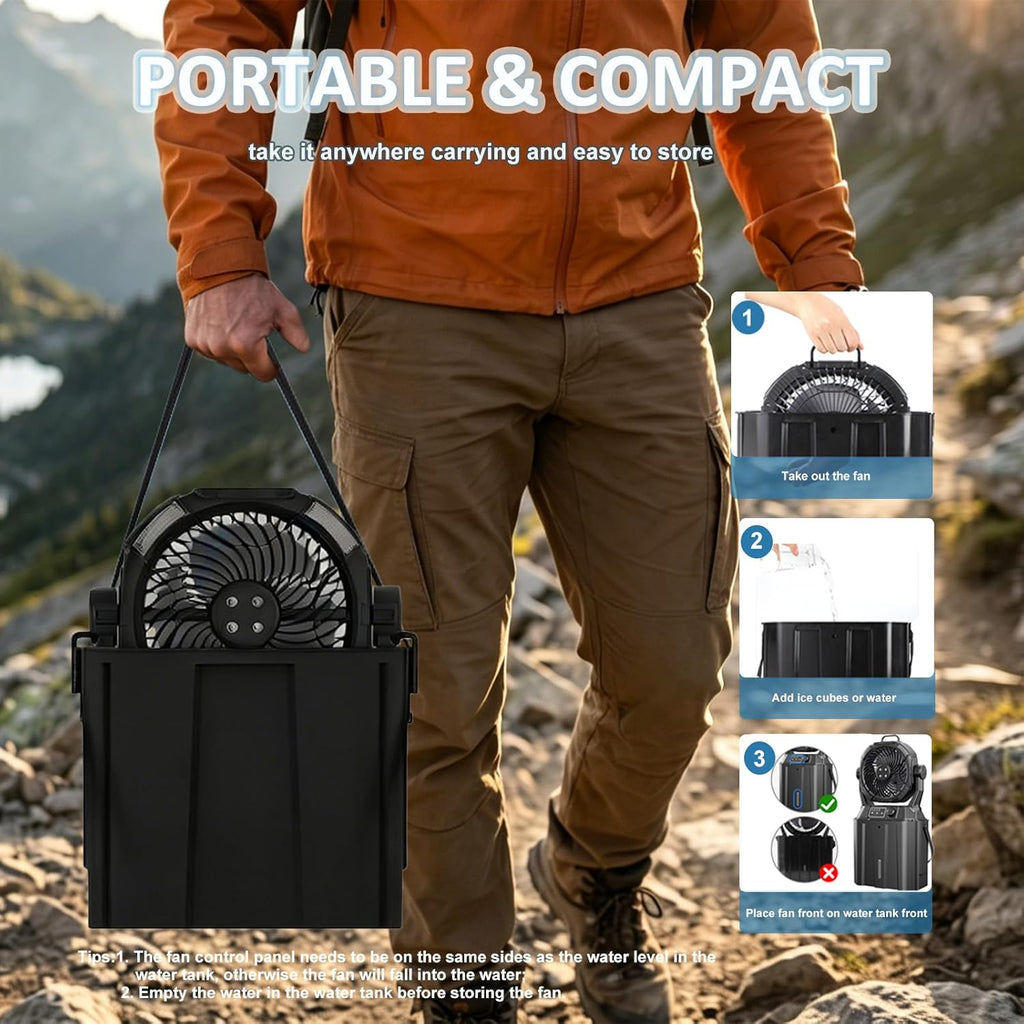 Wilody Portable Misting Fan Rechargeable with Remote Control, 6L Bucket Camping Fan with LED Lights & Stepless Speed Control & Cooling Mist, Portable Handle & Rotate Hook, Timer Function