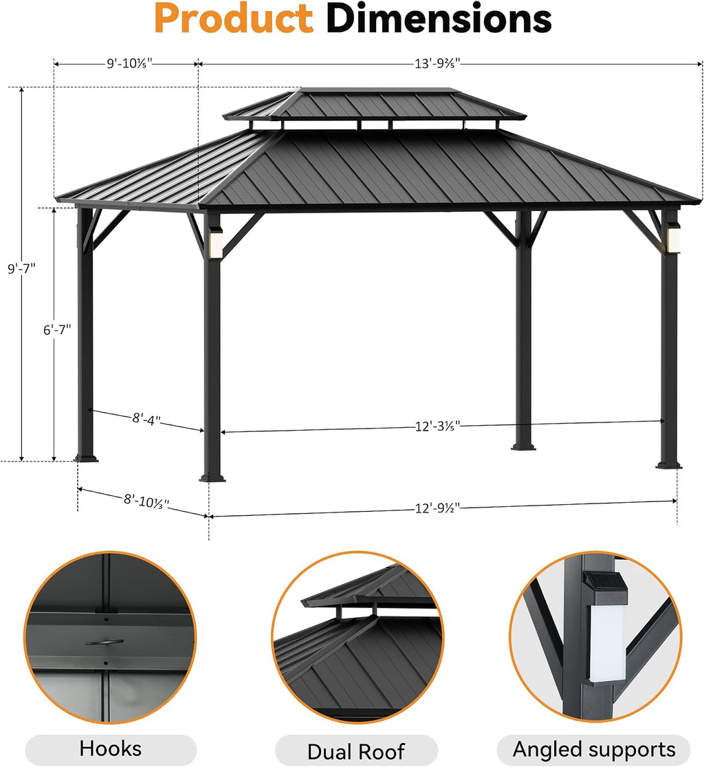 Modern Shade Hardtop Gazebo 10x14 with 4 LED Lights for Backyard, Black