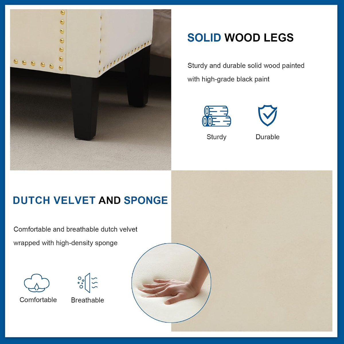 Storage Ottoman Bench, Velvet Upholstered Footstool, Beige