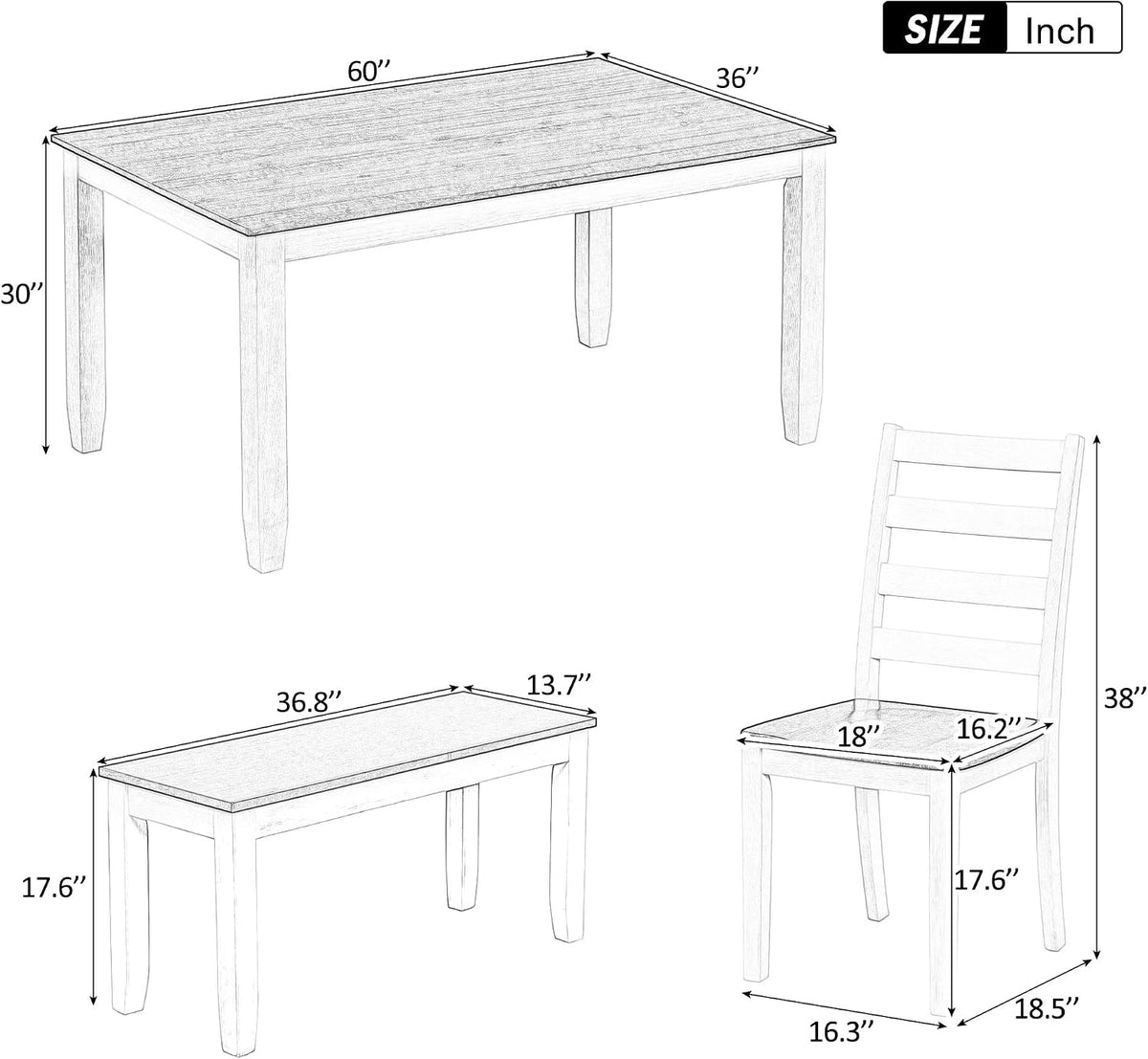 Harper & Bright Designs Modern 6 Piece Dining Table Set with Bench & 4 Upholstered Chairs, Farmhouse Wood Rectangular Kitchen Table Set for 6, Kitchen Room Furniture Set (Walnut + Cottage White)