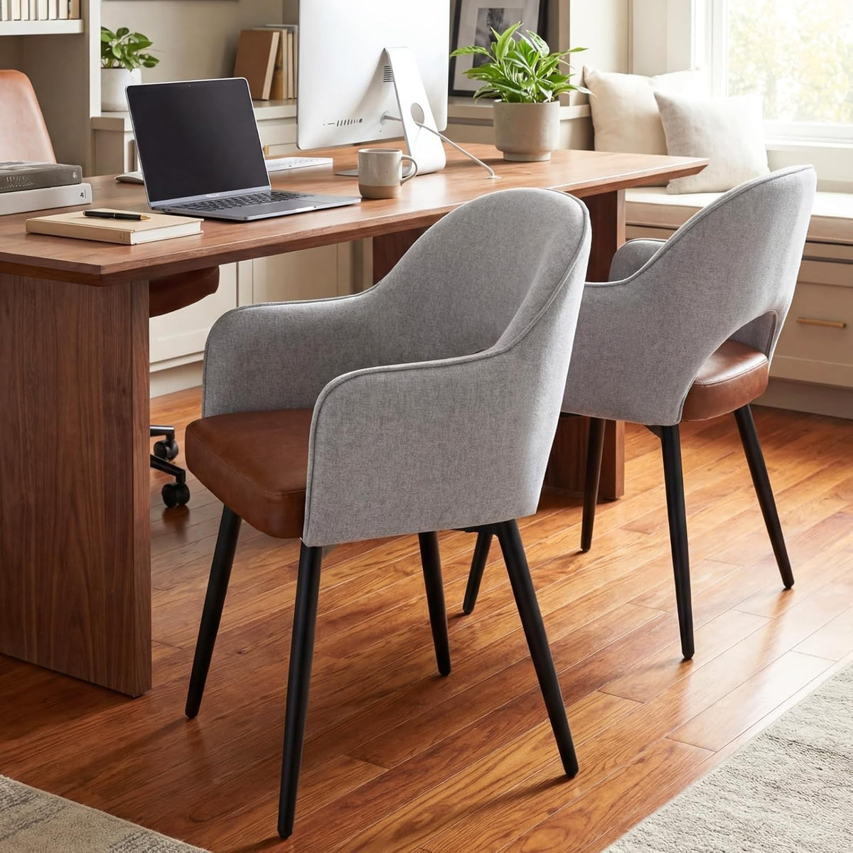 DUOMAY Modern Swivel Dining Chairs Set of 2, Linen & Faux Leather Upholstered Accent Side Chair, Accent Guest Chair for Kitchen Dining Room Living Room, Light Gray & Brown