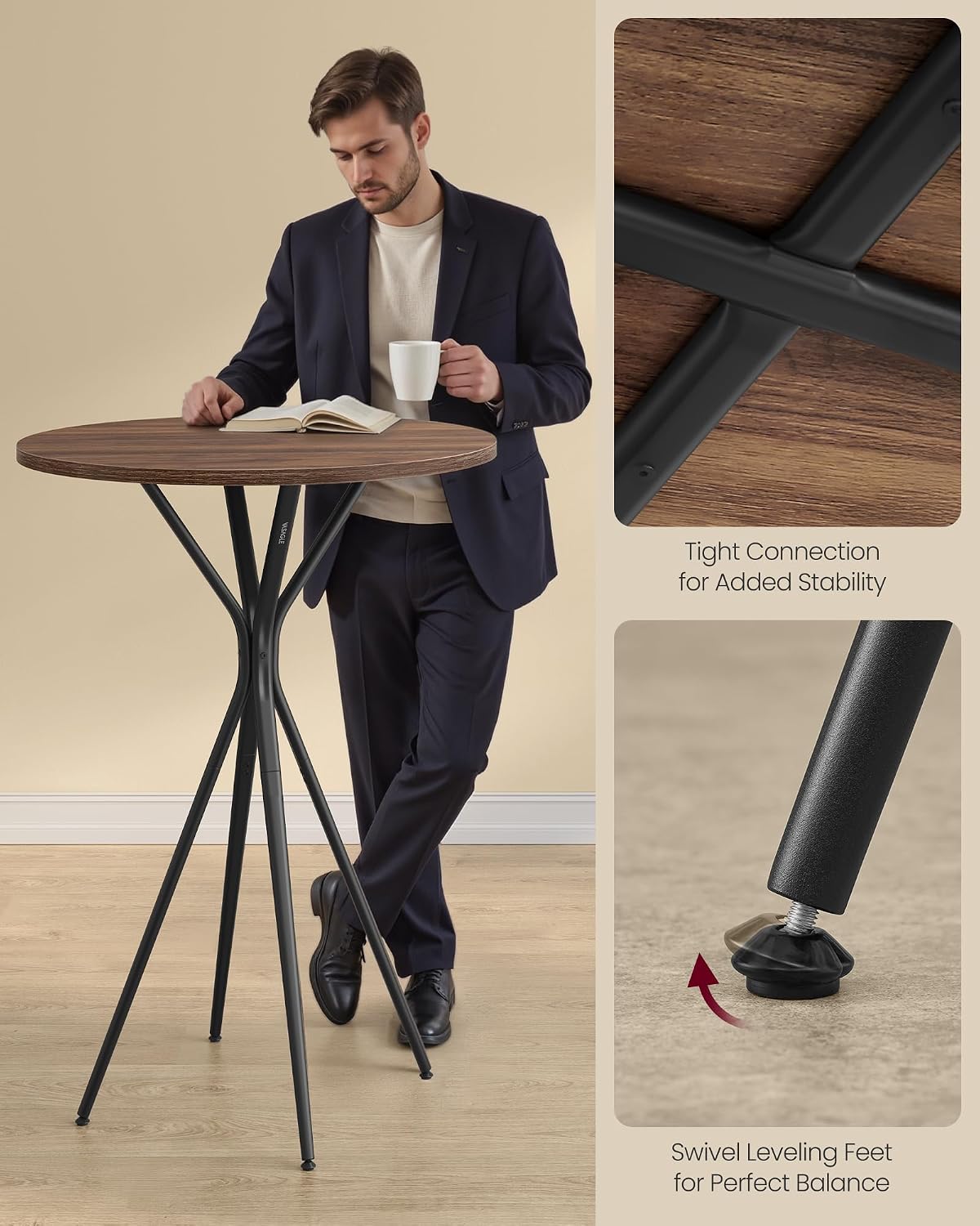vasagle bar table, round cocktail high top pub showing dimensions