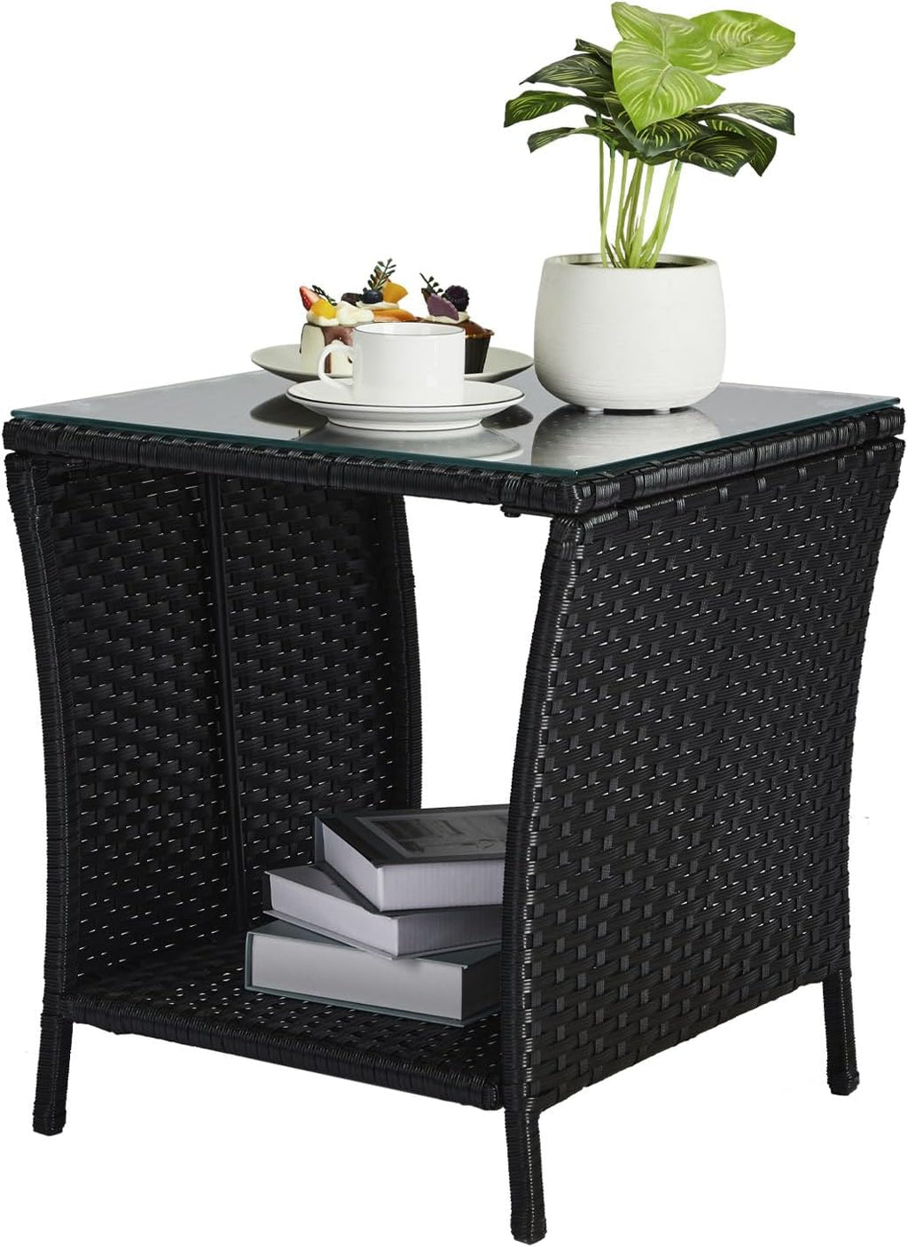 VINGLI Outdoor Wicker Side Table Patio Side Tables for Outside, Tempered Glass Top Wicker Table with Storage End Table for Balcony Porch Deck (Black)