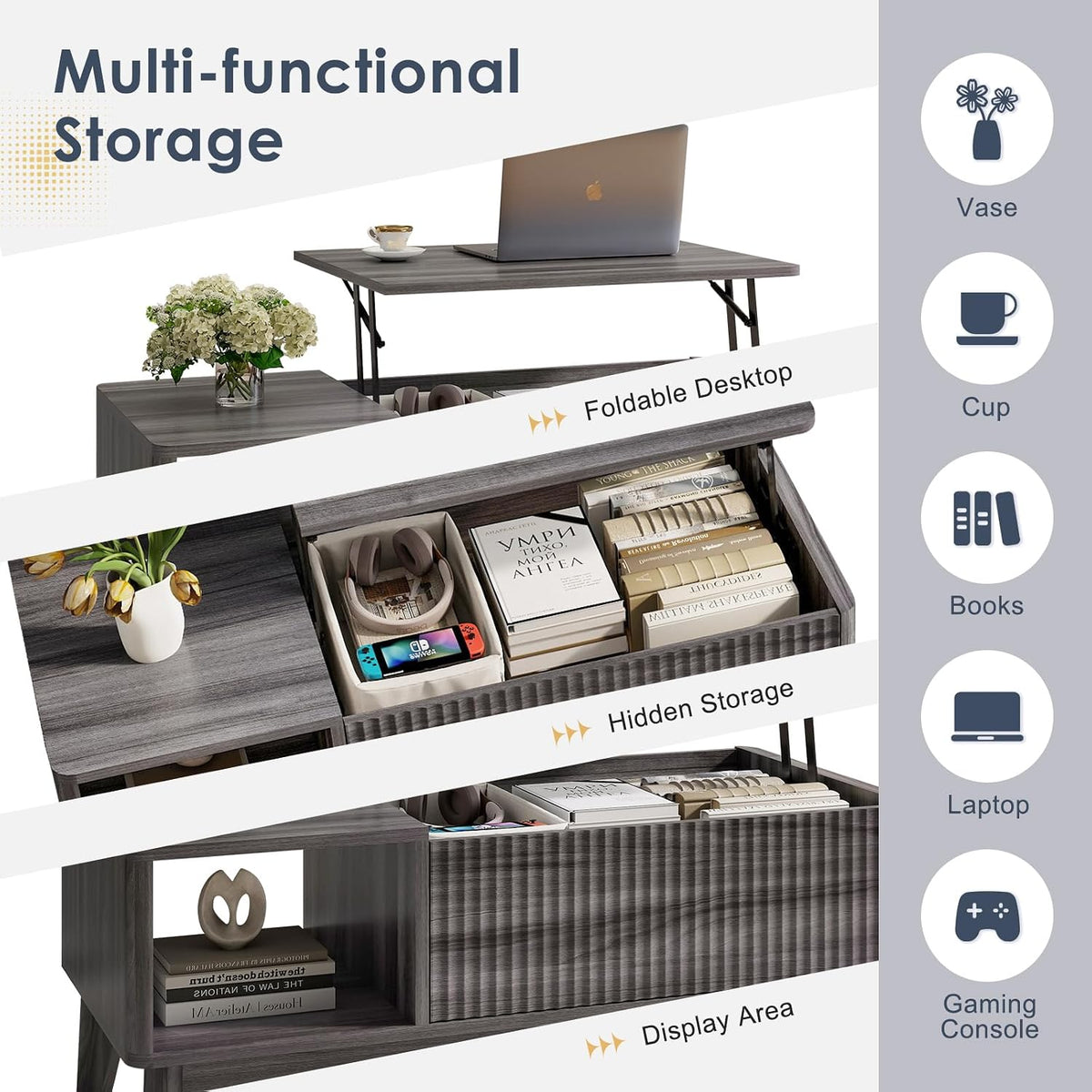 LYNCOHOME Fluted Lift Top Coffee Table with Storage,Modern Center Table for Living Room, Home Office（Grey）