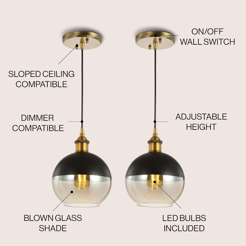 JONATHAN Y Nixon 1-Light 7.5" Globe Pendant, Brass Gold/Black, Set of 2