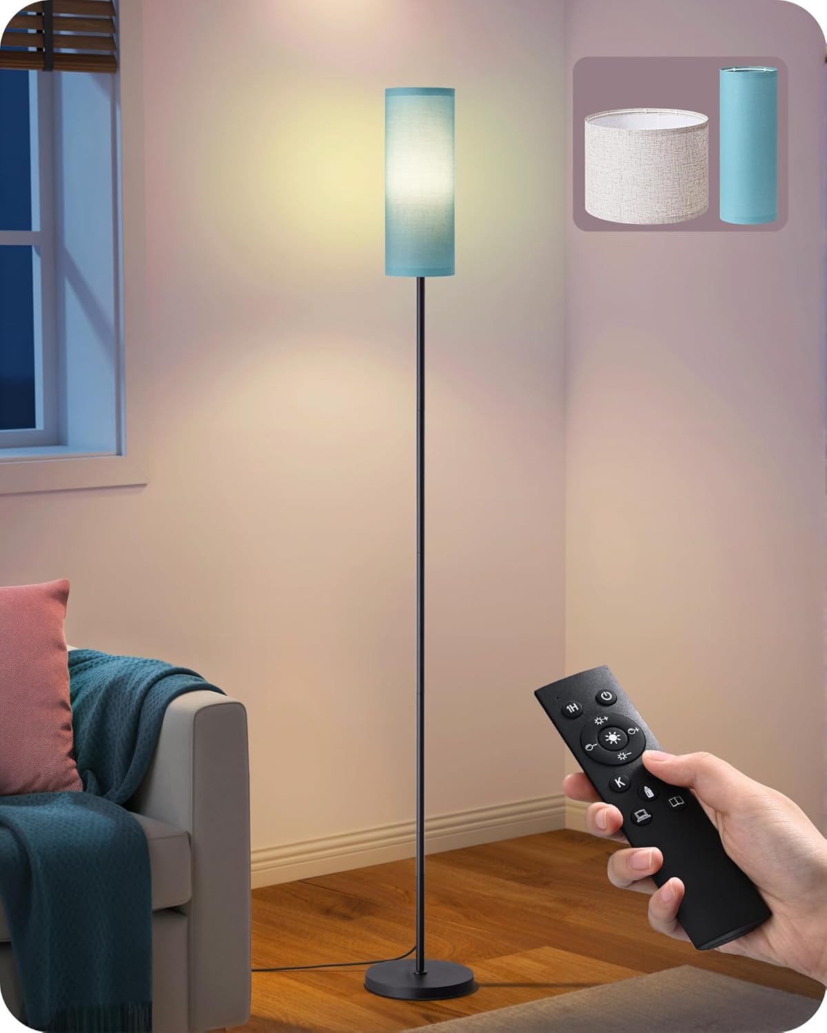 EDISHINE 2 Lampshades Modern Floor Lamps for Living Room Blue