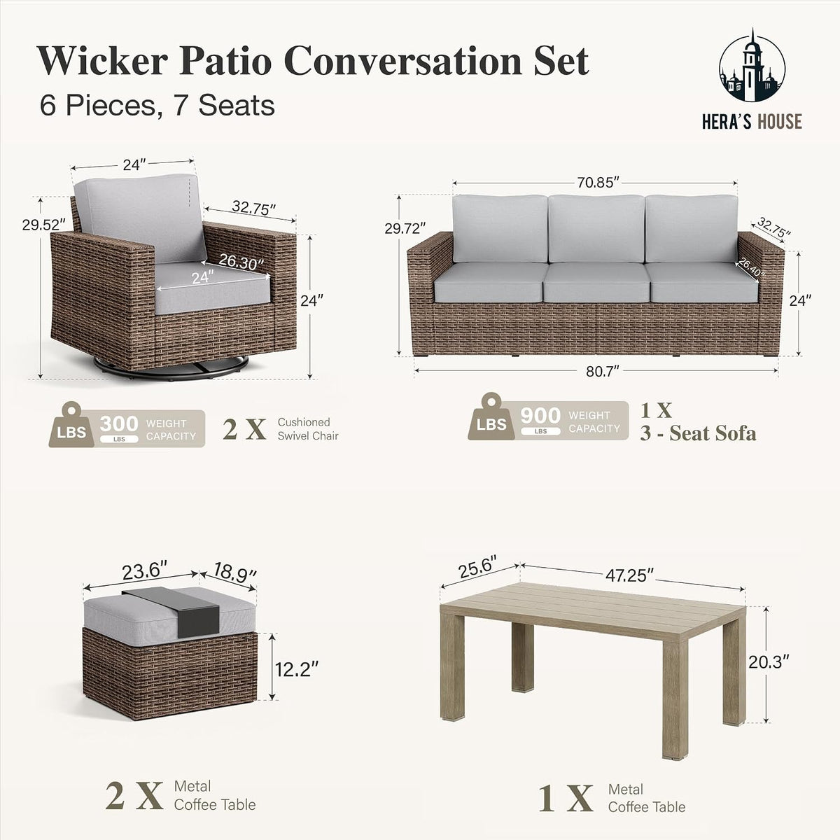 HERA'S HOUSE 6-Piece Patio Furniture Set with Wide Arm, Grey