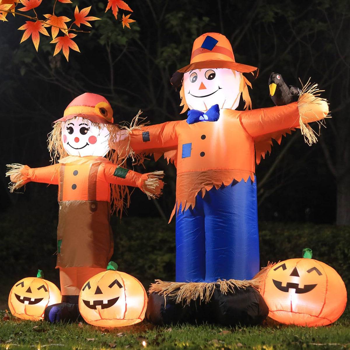 DomKom 6ft Long Inflatable Scarecrow and Pumpkin – Halloween Thanksgiving Fall Yard Decoration with Built-in LED Lights Outdoor Blow Up Decor for Lawn, Garden, Party