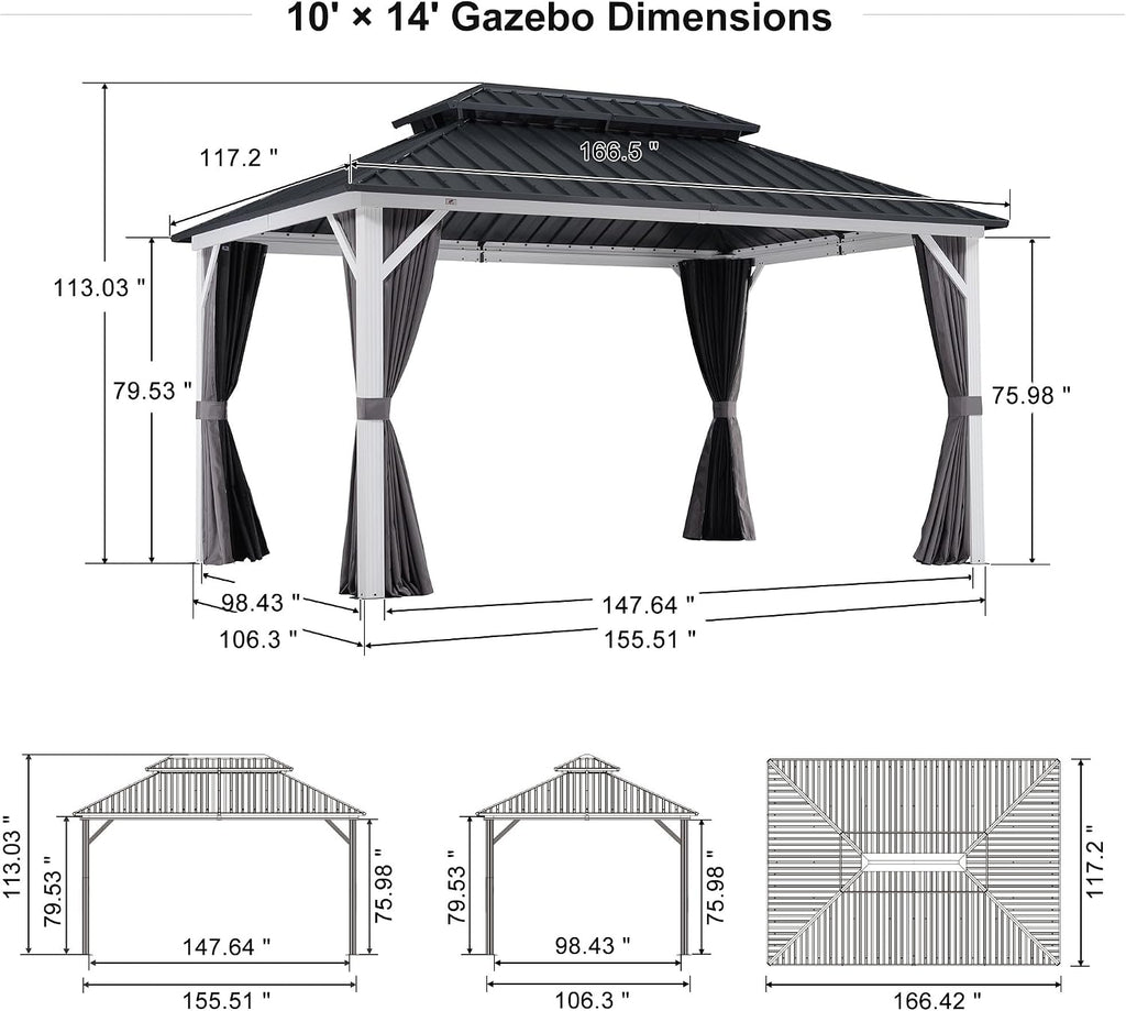 PURPLE LEAF Hardtop Gazebo 10' x 14' Pavilion Wind-Resistant White Frame