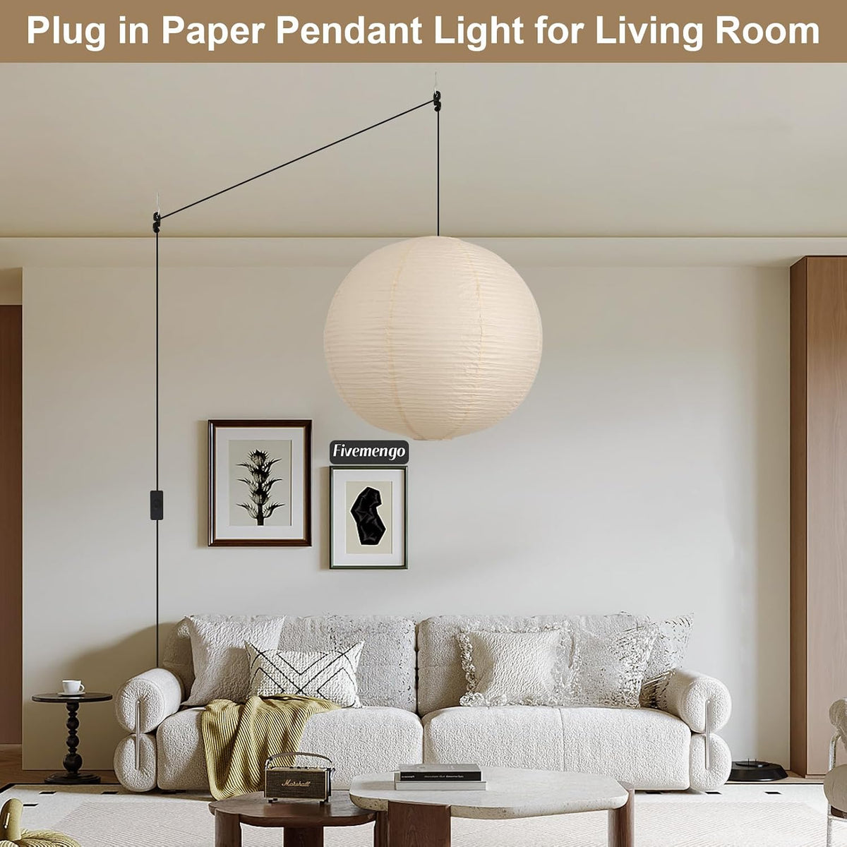23.6in Paper Lanterns Plug in Hanging Lamp Off-White 19.7FT Cord