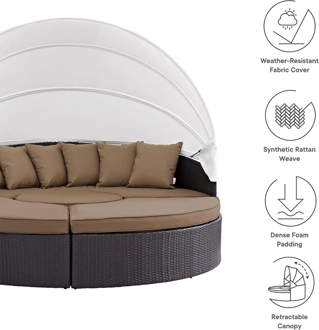Modway Convene Wicker Rattan Outdoor Patio Retractable Canopy Round Poolside Sectional Sofa Daybed with Cushions in Espresso Mocha