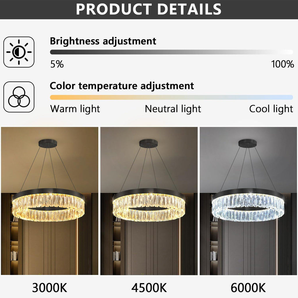 23.6" 1 Ring Modern LED Dimmable Ring Chandelier Adjustable Round Crystal Chandelier for Dining Room Living Room Black