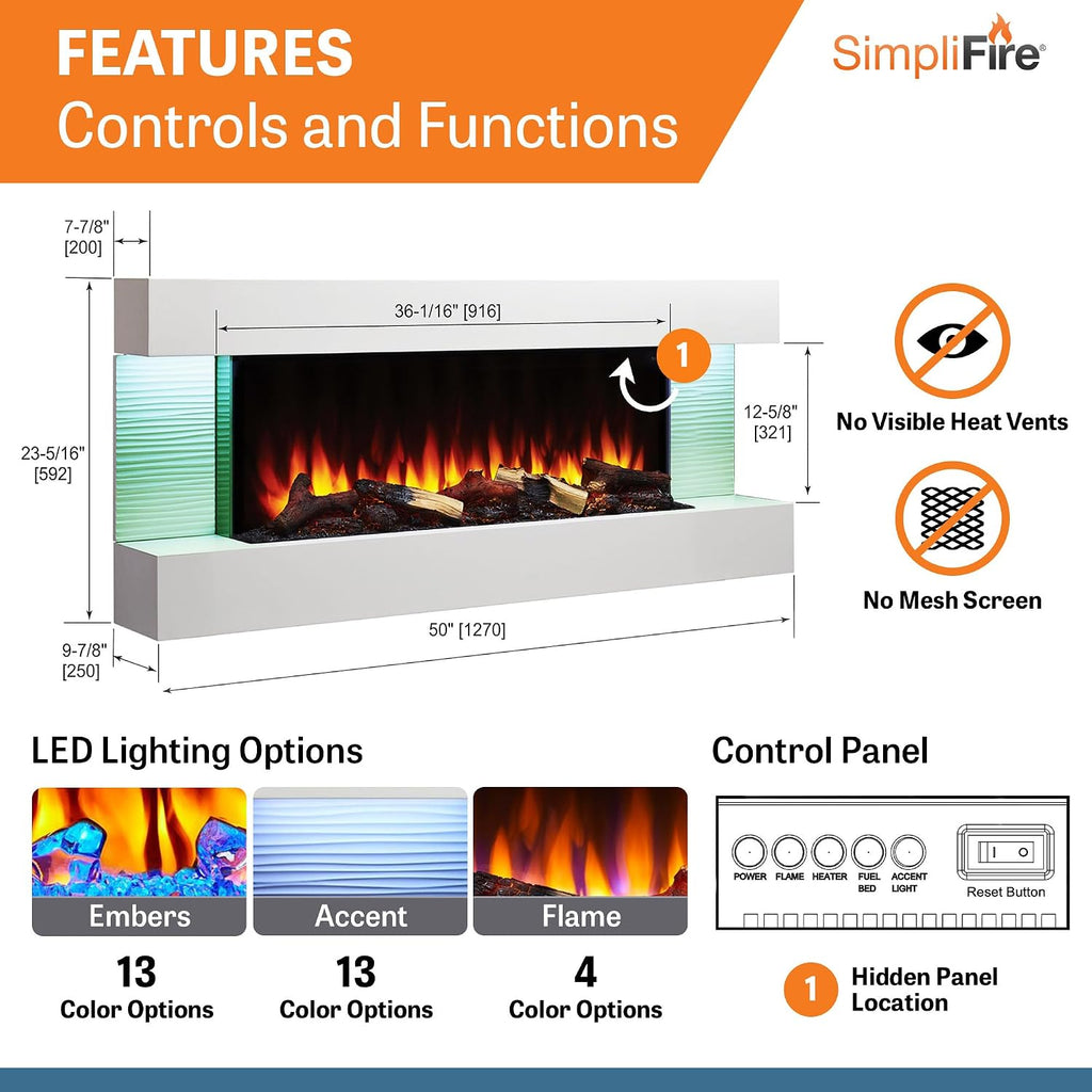 SimpliFire Format 36-Inch Wall Mount Electric Fireplace with 50-Inch Floating Mantel (SF-FORMAT36-SF-FM50-WH)