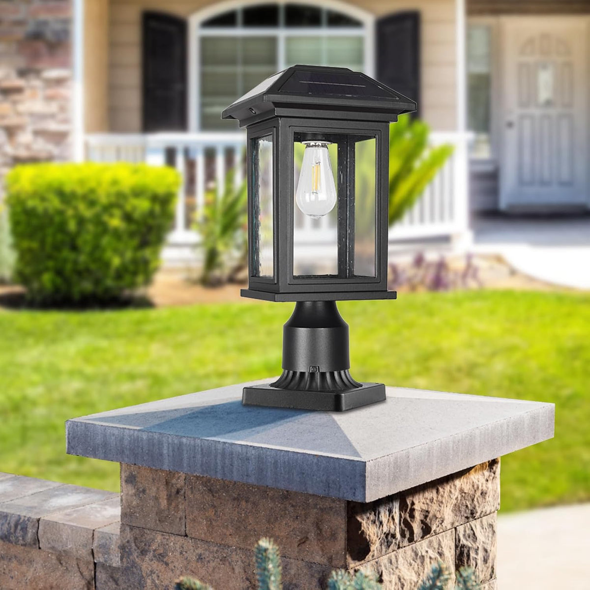 solar post lights outdoor, waterproof anti-rust black pole, front angle view