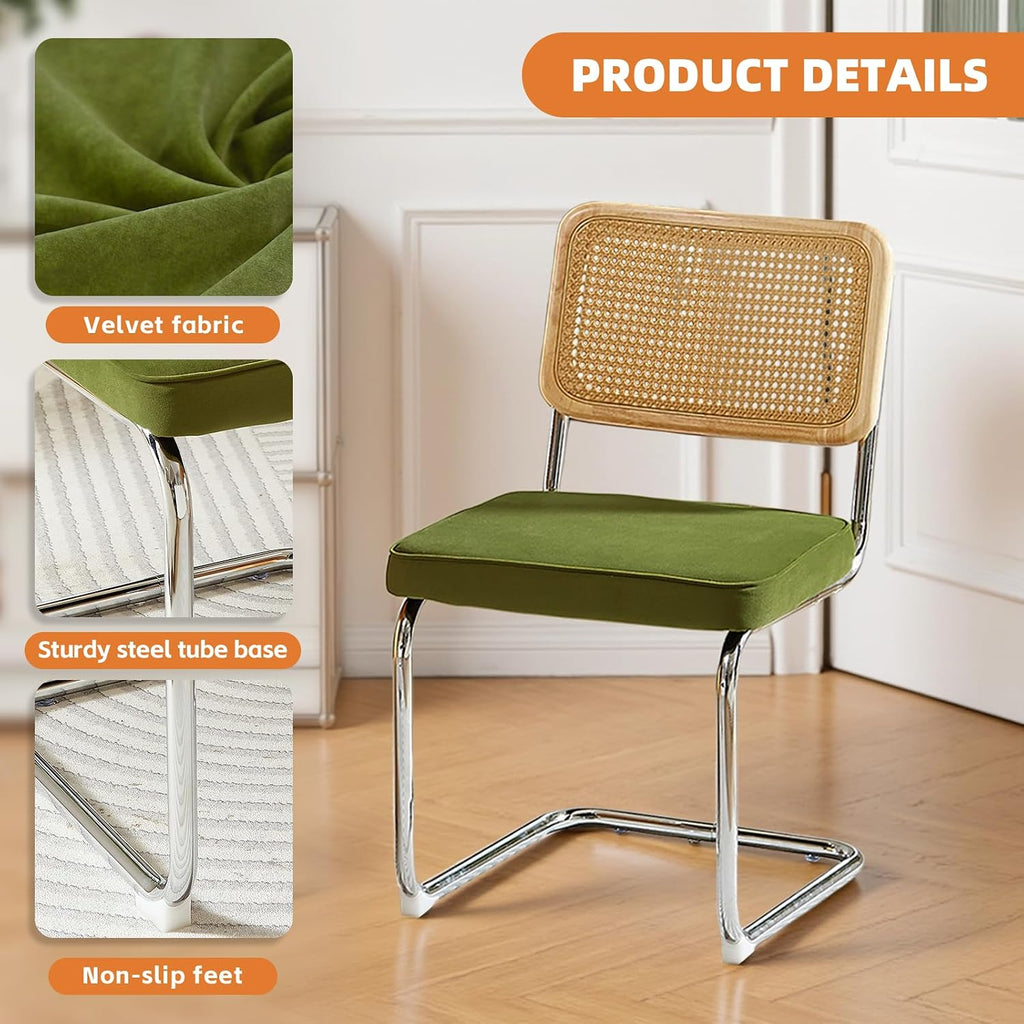 Rattan Dining Chairs Set of 2,Velvet Cesca Chair Kitchen Chair,Olive Green