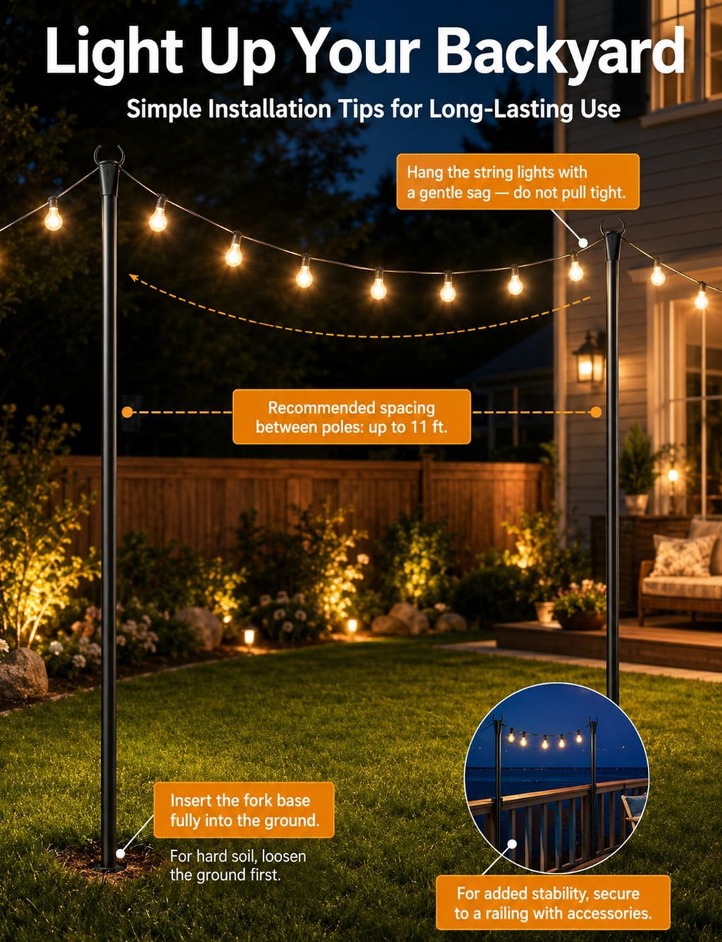 string light poles for outside, adjustable metal patio, side view