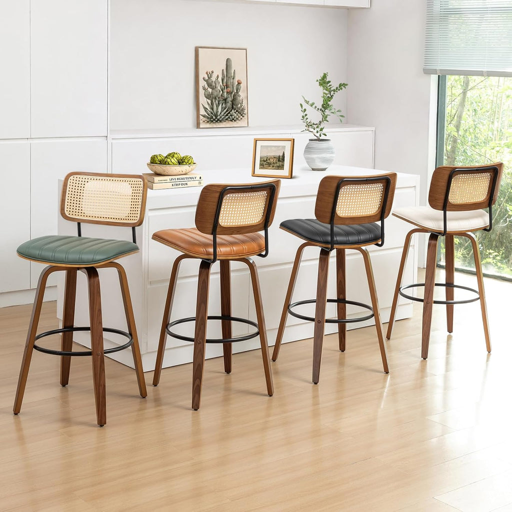 Rattan Swivel Bar Stools, Mid Century Bar Stools with Walnut Craftsmanship