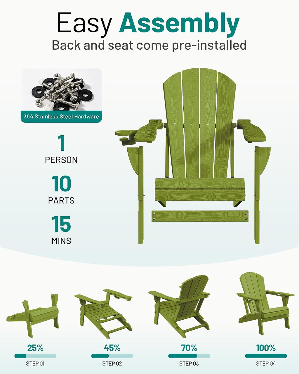 PLUUV Folding Adirondack Chairs Set of 6 with Cup Holder, Apple Green