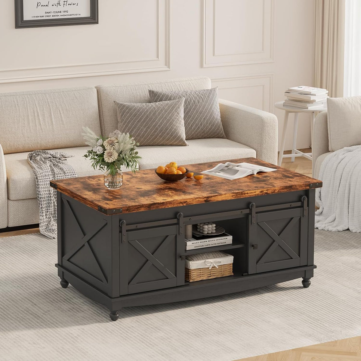 ALLSTAND 48" Farmhouse Lift Top Coffee Table with Storage Sliding Barn Door & Large Hidden Compartment, Coffee Table with Lifting Top with Wooden Lift Tabletop, Coffee Tables for Living Room, Black