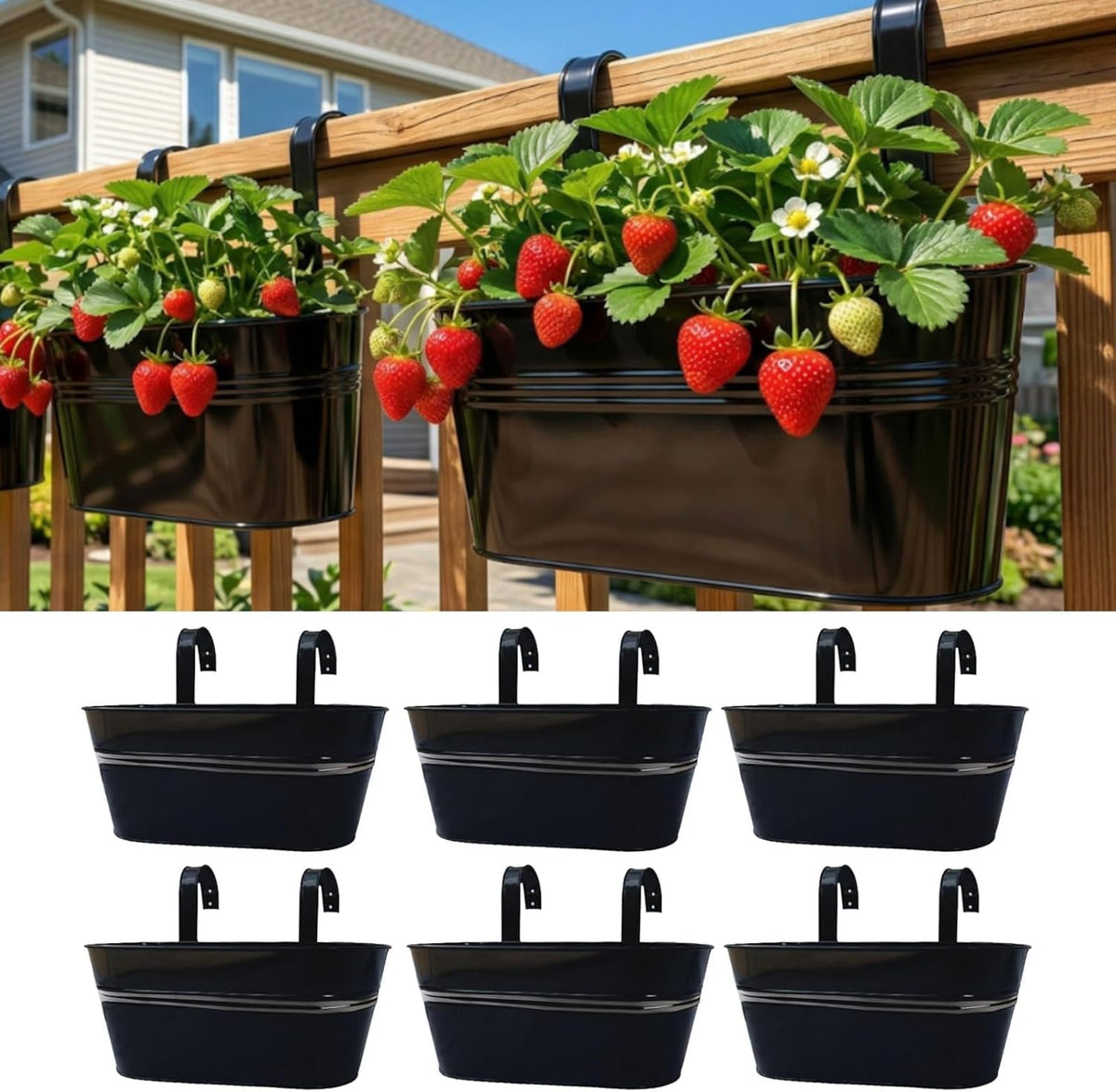LaLaGreen Outdoor Rail Planter (17 in, 6 Pack) Black Metal Deck Fence Pots