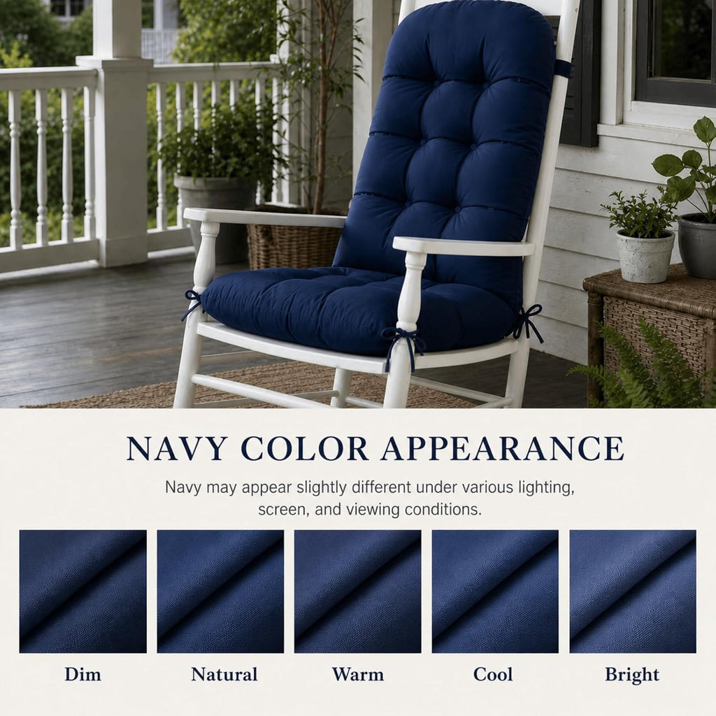 Rocking Chair Cushions Set of 2, Outdoor Thick Adirondack Chair Cushions, High Back Seat Pads for Porch Patio Chairs, Water & Fade Resistant Replacement Patio Furniture Cushion with Ties, Navy Blue