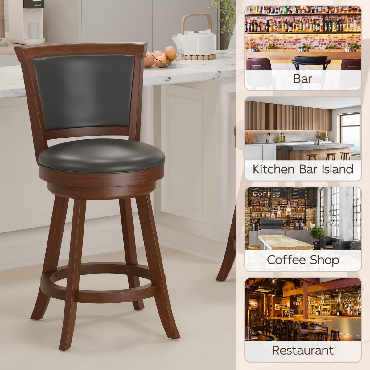 Bar Stools Set of 2, 24" Counter Height Island Chairs, Walnut