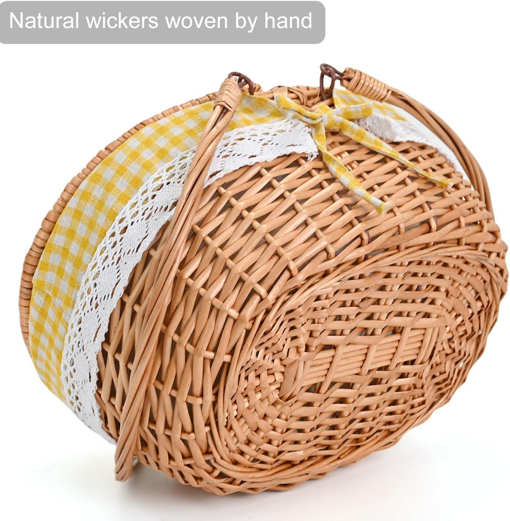 Large 15.4" Wicker Picnic Basket with Removable Liner Empty Picnic Baskets with Lid, Picnic Hamper with Foldable Handles for Picnic, Yellow Checkered, Large