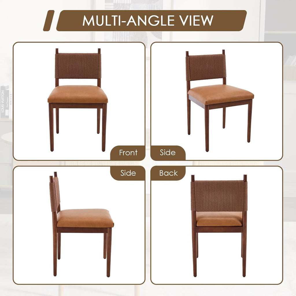 CIMOTA Leather Dining Chairs Set of 4, Woven Back/Walnut Wood/PU Brown
