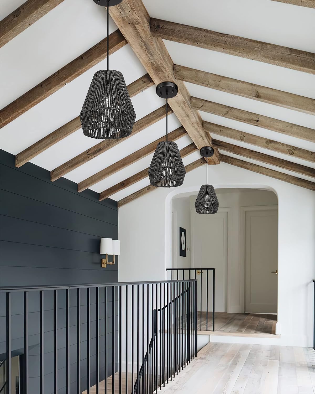ELYONA Modern Woven Pendant Light Fixtures, 7" Farmhouse Coastal Hanging Lamp, Matte Black Handwoven Rattan Basket Shade, Boho Pendant Light for Kitchen Island Bar,Dining Room, Bedroom,Hallway 3 Pack