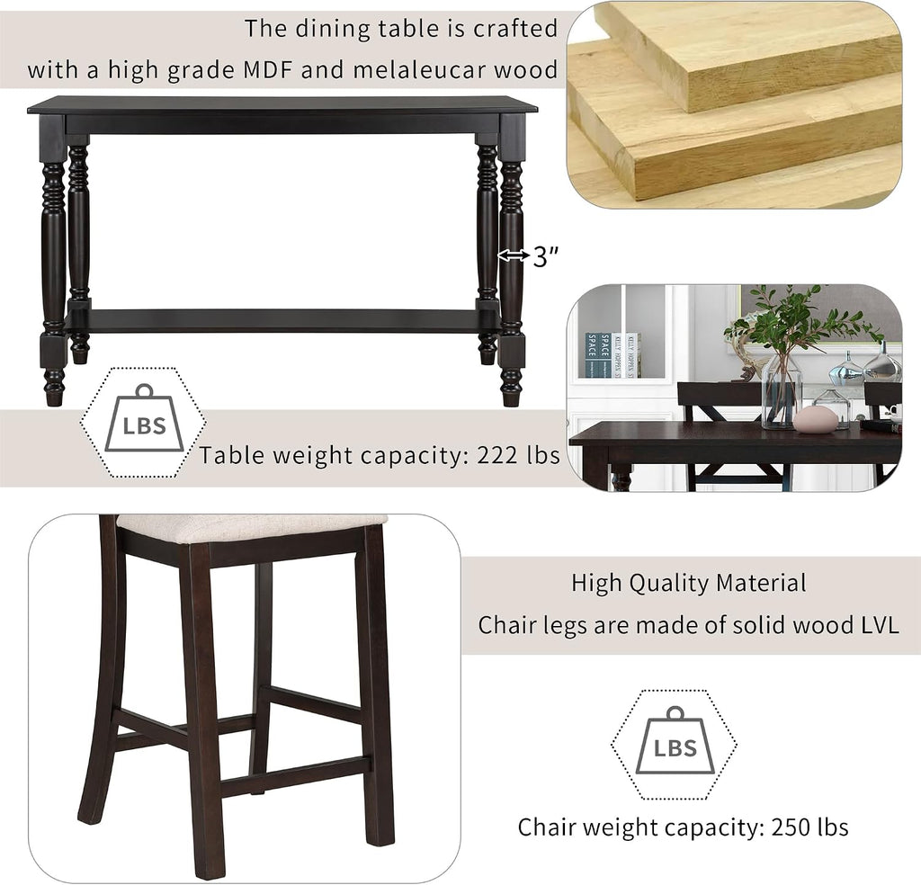 Merax 6-Piece Counter Height Dining Table Set, Solid Wood Kitchen Dining Room Table Set with Chairs and Bench, 60 in Triangular Design Bar Table with Storage Shelf, Espresso