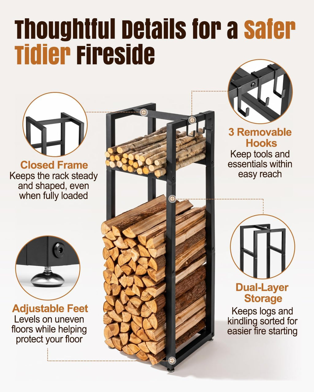 39.8in firewood rack indoor outdoor with hooks, close-up detail